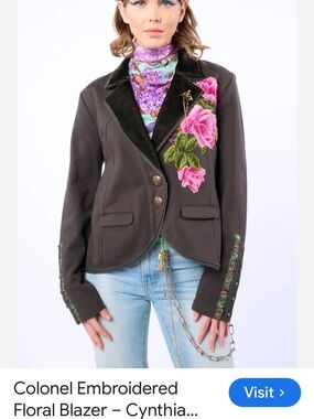 Aratta Dark Brown Blazer with Pink Floral Embroidery